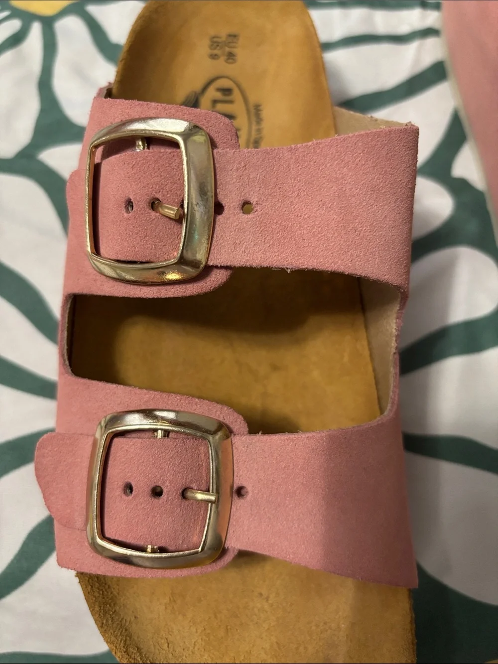 Plakton Pink Suede Double-Buckle Slide Sandals